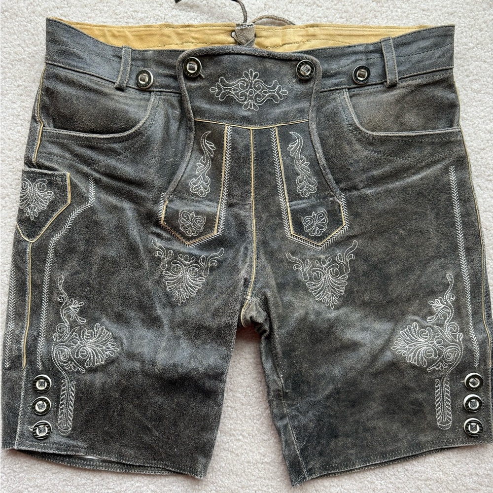 Traditional Leather Embroidered Lederhosen Gray Ash Shorts EU size 56 US 40